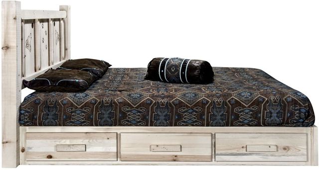 Montana Woodworks® Homestead Clear Lacquer Twin Platform Storage Bed with Laser Engraved Wolf Design-3