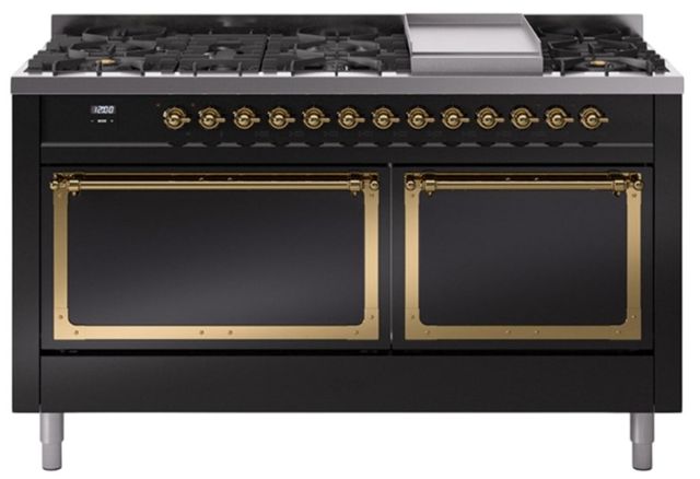 Ilve® Nostalgie II Noblesse 60'' Glossy Black Pro Style Dual Fuel Range with Brass Trim-0