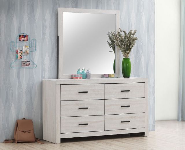 front view of a white dresser with mirror in a modern teens room