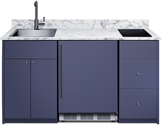 Summit® TurnKey Caldera 63" Midnight Navy Kitchenette with 5 Cu. Ft. Built-In Under the Counter Refrigerator, Induction Cooktop, and Stainless Steel Sink with Faucet -1