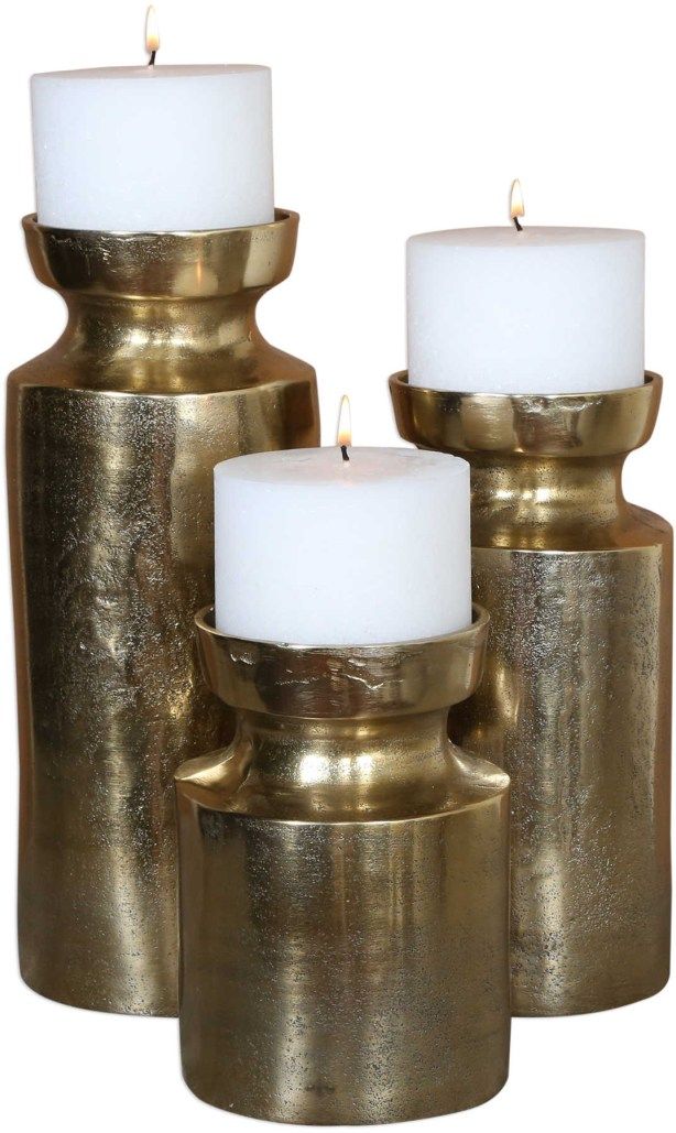 Uttermost® Amina 3-Piece Antiqued Brass Candle Holder Set-2