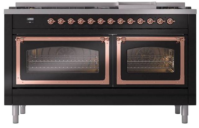 Ilve® Nostalgie II Noblesse 60'' Glossy Black Pro Style Dual Fuel Range with Copper Trim-1