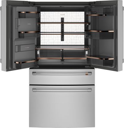 front view of the opened Café™ 36 in. 27.8 Cu. Ft. Stainless Steel 4-Door French Door Refrigerator