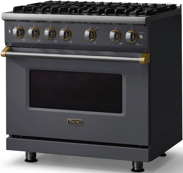 Viking® 5 Series 36" Cast Black Pro Style Gas (NG) Range with Brushed Brass Trim-2
