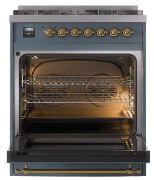 Ilve® Nostalgie II Noblesse 30'' Blue Gray Pro Style Dual Fuel Range with Brass Trim-1