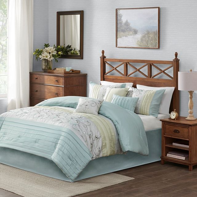 Olliix by Madison Park 7 Piece Aqua King Serene Embroidered Comforter Set-1