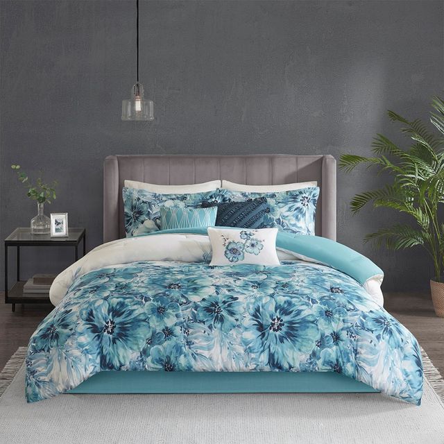 Olliix by Madison Park 7 Piece Teal King Enza Cotton Printed Comforter Set-0