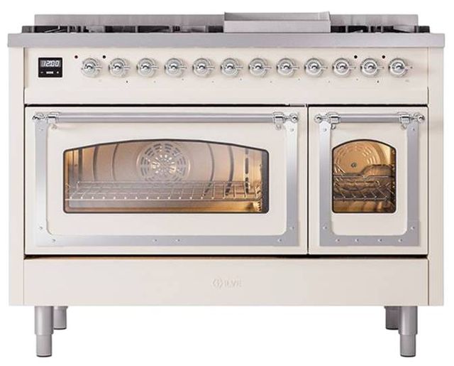 Ilve® Nostalgie II Noblesse 48'' Antique White Pro Style Dual Fuel Range with Chrome Trim-1