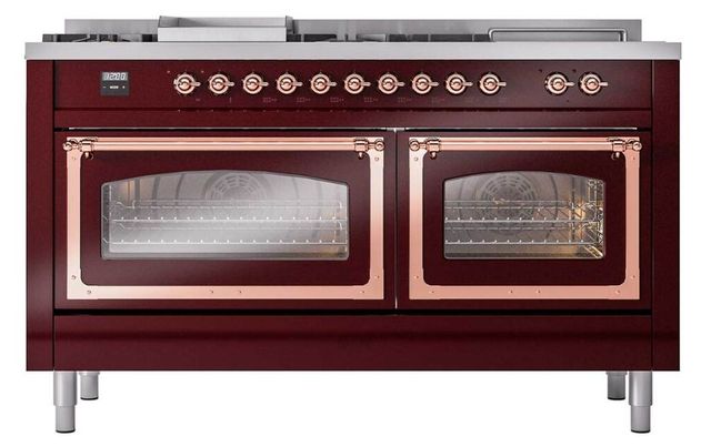 Ilve® Nostalgie II Noblesse 60'' Burgundy Pro Style Dual Fuel Range with Copper Trim-1
