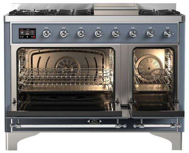 Ilve® Majestic III 48" Blue Gray Pro Style Dual Fuel Liquid Propane Range with Triple Glass Door and Chrome Trim-1