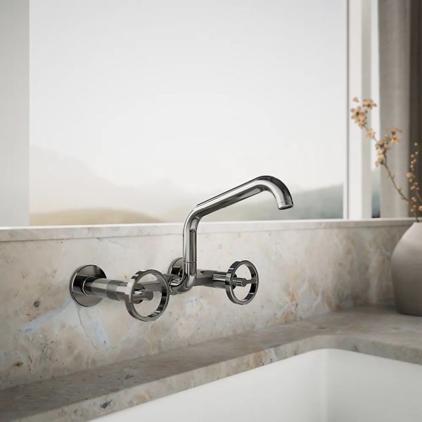 KOHLER® Billet® Vibrant Titanium 2-Hole Wall-Mount Bridge Kitchen Sink Faucet with Round Handles-1