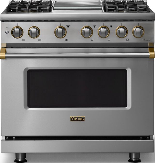 Viking® 5 Series 36" Stainless Steel Pro Style Dual Fuel (NG) Range with Brushed Brass Trim-0