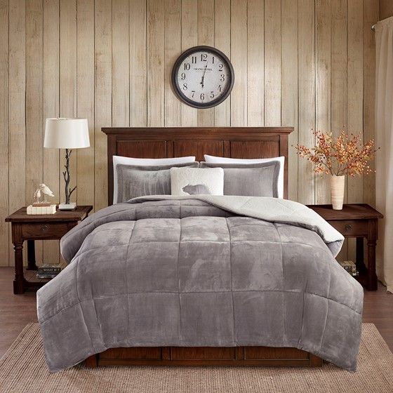 Olliix by Woolrich Alton Grey and Ivory Twin Polyester Solid Velour to Berber Comforter Set-0
