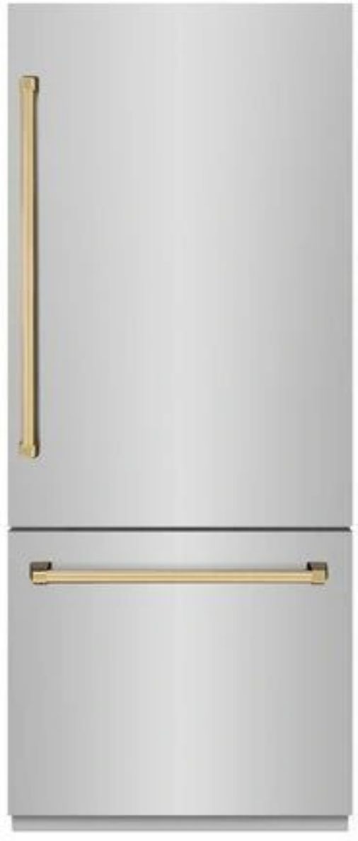 ZLINE Autograph Edition 30" 16.1 Cu. Ft Satin Stainless Steel Built In Bottom Freezer Refrigerator with Champagne Bronze Accents-0