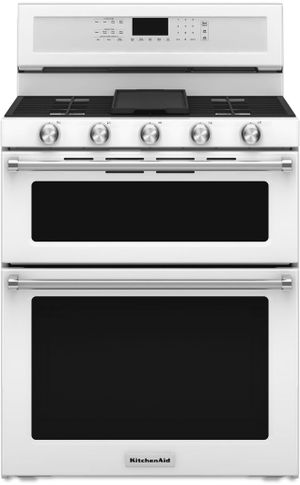 KitchenAid 30” White Freestanding Gas Double Oven Range