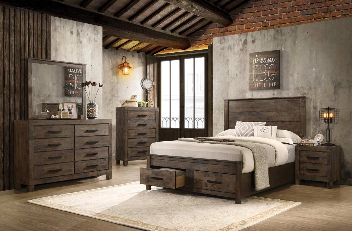 Coaster Woodmont 4 Piece Rustic Golden Brown Queen Storage Bedroom Set