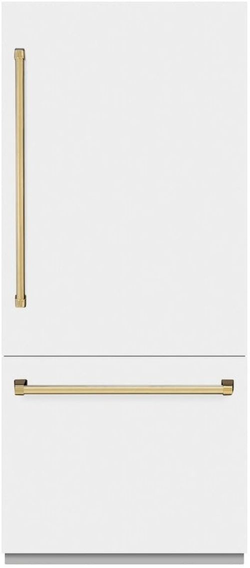 ZLINE Autograph Edition 36" 19.8 Cu. Ft. White Matte Built-In Bottom Freezer Refrigerator with Water Dispenser, Ice Maker, and  Polished Gold Accents-0