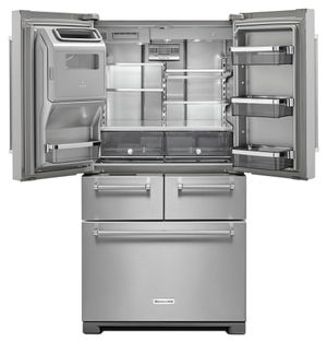 front view of the opened KitchenAid® 36 in. 25.8 Cu. Ft. Stainless Steel French Door Refrigerator