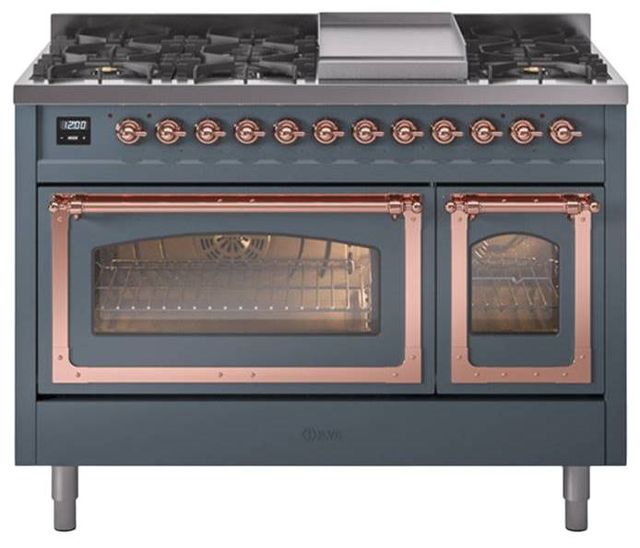 Ilve® Nostalgie II Noblesse 48'' Blue Gray Pro Style Dual Fuel Range with Copper Trim-0
