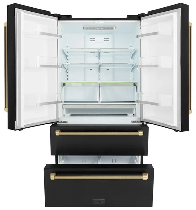 ZLINE Autograph Edition 36" 22.5 Cu. Ft. Fingerprint-Resistant Black Stainless Steel Counter Depth French Door Refrigerator with Champagne Bronze Helix Handles-1
