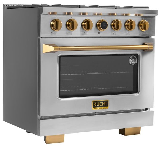 Kucht Professional KX Series 36" Stainless Steel Pro Style Dual Fuel Range with Gold Accents and Kucht Horus Thermostat-1
