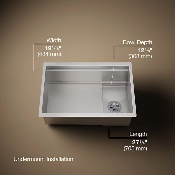 KOHLER® Synthos™ Dark Walnut/Stainless Steel 28" Undermount Single-Bowl Workstation Kitchen Sink-3