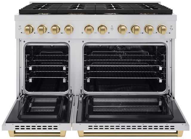 ZLINE Autograph Edition Paramount 48" 6.7 cu. ft. Stainless Steel and Champagne Bronze Helix Handles and Knob Accents Double Oven Dual Fuel Range with 8 Burner Gas Cooktop-3