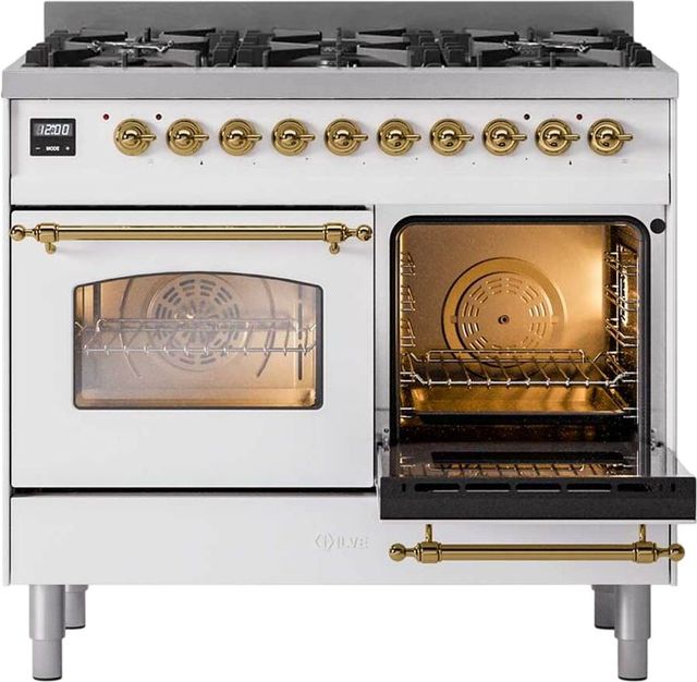 Ilve® Nostalgie II 40" White Pro Style Dual Fuel Range with Brass Trim-3