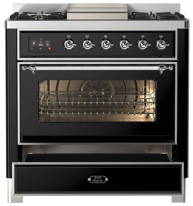 Ilve® Majestic III 36" Glossy Black Pro Style Dual Fuel Liquid Propane Range with Triple Glass Door and Chrome Trim-3