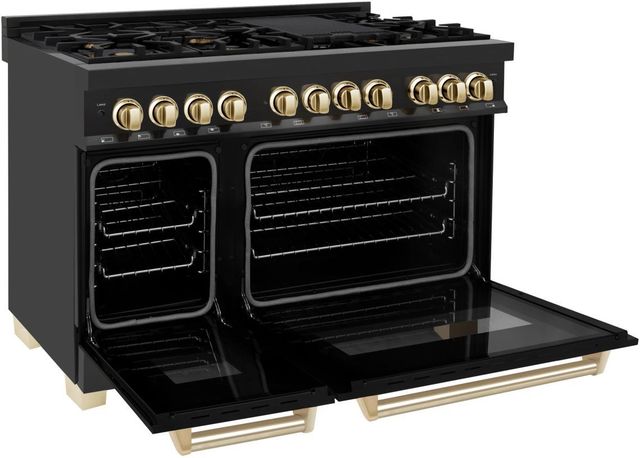 ZLINE Autograph Edition Legacy 48" Black Stainless Steel Pro-Style Dual Fuel Range with Two Electric Ovens and Polished Gold Accents-1