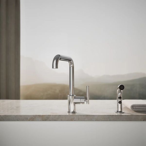 KOHLER® Purist® Polished Chrome Single-Handle Kitchen Sink Faucet with Side Sprayer-3