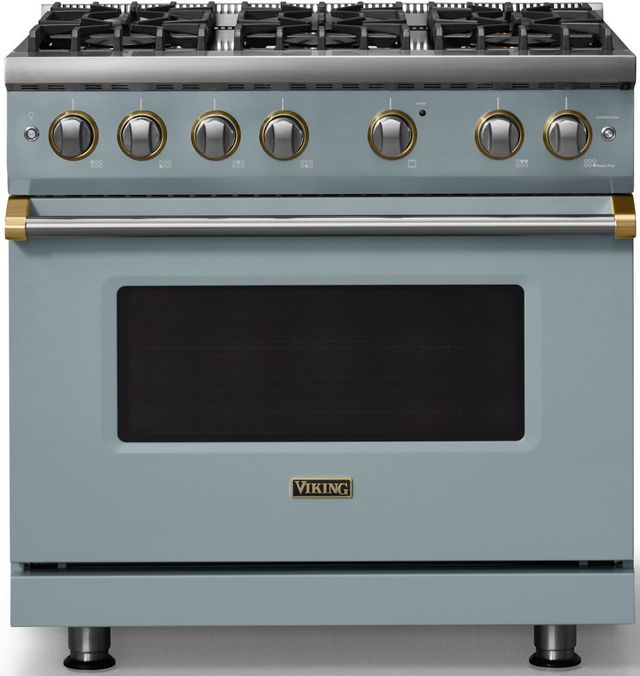 Viking® 5 Series 36" Novembery Sky Pro Style Gas (NG) Range with Brushed Brass Trim-0