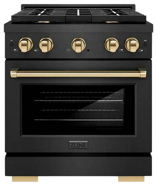 ZLINE Autograph Edition Paramount 30" Black Satin Stainless Steel/Polished Gold Gas Range with 4 Burner Cooktop and Convection Gas Oven-0