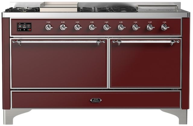Ilve® Majestic III 60" Burgundy Pro Style Dual Fuel Natural Gas Range with Griddle and Chrome Trim-0
