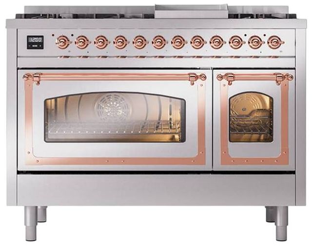 Ilve® Nostalgie II Noblesse 48'' Stainless Steel Pro Style Dual Fuel Range with Copper Trim-1