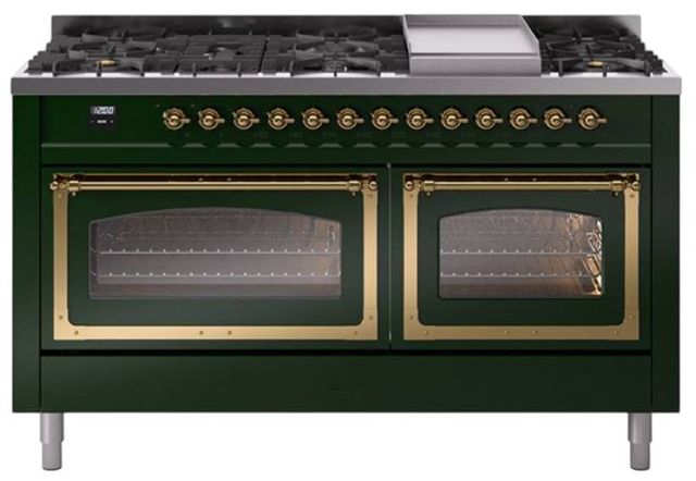 Ilve® Nostalgie II Noblesse 60'' Emerald Green Pro Style Dual Fuel Range with Brass Trim-0