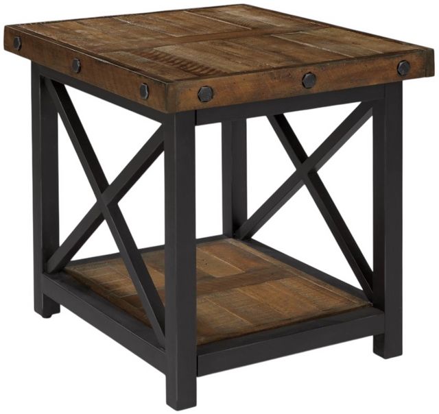 Square Top End Table With Dark Brown Wood And Iron Black Frame