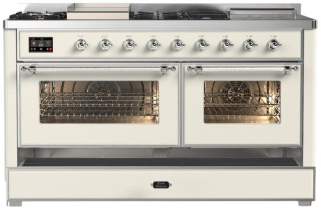 Ilve® Majestic III 60" Antique White Pro Style Dual Fuel Natural Gas Range with French Top and Chrome Trim-2