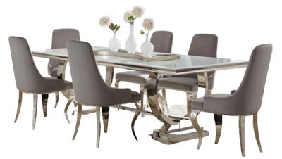Front view of the Coaster® Antoine 7-Piece Gray/Chrome Rectangular Glass Top Dining Table Set