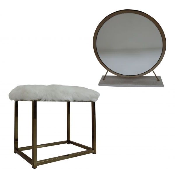 ACME Furniture Adao White/Champagne Vanity Mirror and Stool Set Lacks