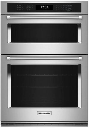 Front view of the KitchenAid® 30" PrintShield Stainless Steel Oven/Microwave Combo Electric Wall Oven