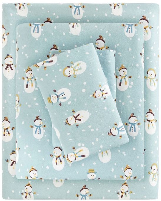 Olliix by True North by Sleep Philosophy Blue Snowmen Twin Cozy 100% Cotton Flannel Printed Sheet Set-0