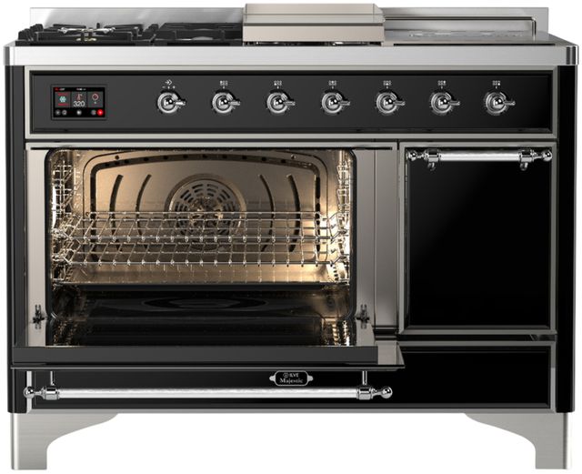 Ilve® Majestic III 48" Glossy Black Pro Style Dual Fuel Natural Gas Range with French Top and Chrome Trim-2