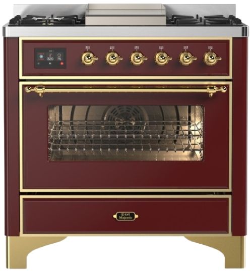 Ilve® Majestic III 36" Burgundy Pro Style Dual Fuel Liquid Propane Range with 6 Black Brass Burners and Brass Trim-0