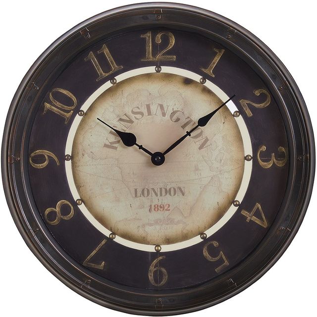 Monarch Specialties Inc. Antique Brown 16" Round Wall Clock with Standard Numbers on Beige/Black Bac-0