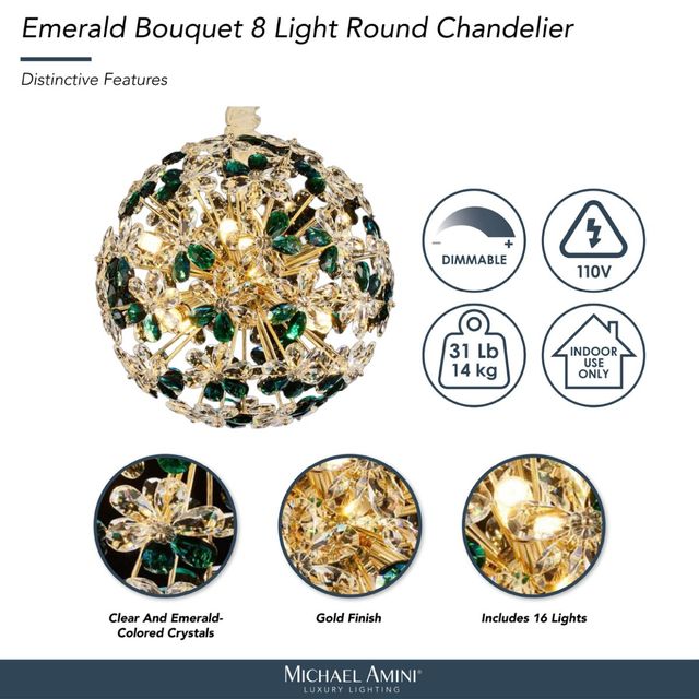 Michael Amini® Bouquet Emerald/Gold 8-Light Round Chandelier-3