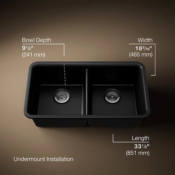 KOHLER® Cairn® Matte Black 34" Undermount Double-Bowl Kitchen Sink-2