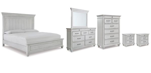 front view of the Benchcraft® Kanwyn 6-Piece Whitewash King Panel Storage Bed Set