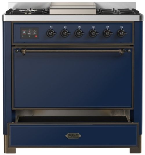Ilve® Majestic III 36" Midnight Blue Pro Style Dual Fuel Natural Gas Range with Solid Door and Burnished Trim-2
