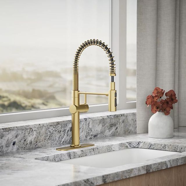 KOHLER® Crue® Vibrant Brushed Moderne Brass Semi-Professional Kitchen Sink Faucet with 3-Function Sprayhead-1